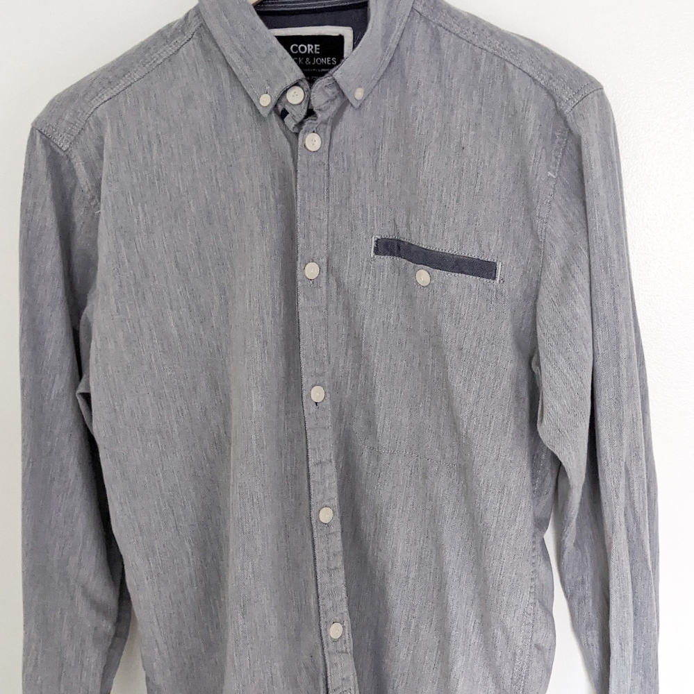 Jack & Jones Grey Chambray Button Down Shirt - Picture 2 of 5